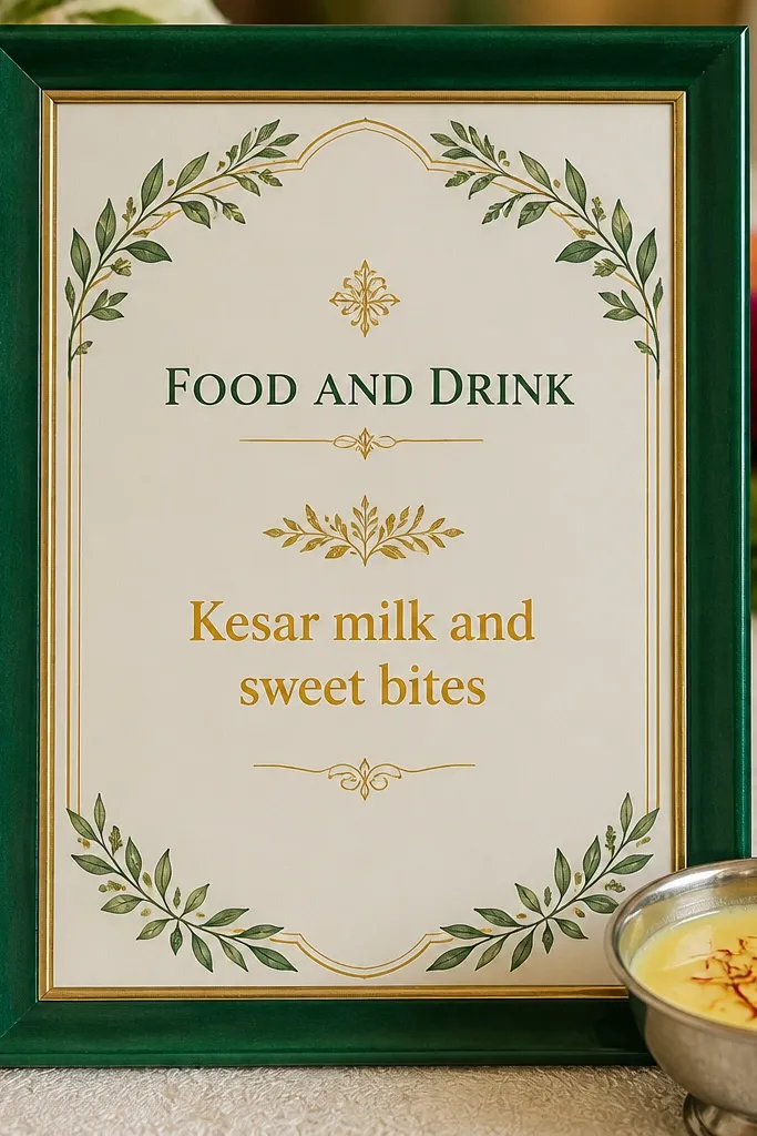 Emerald green framed card with a kesar milk line