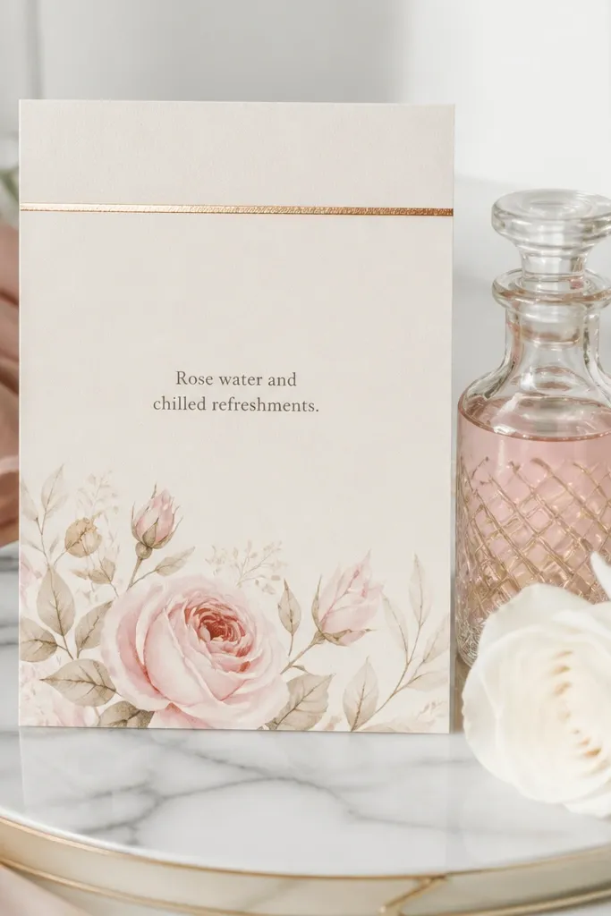 Ivory minimal invite with gold divider and rose water welcome line
