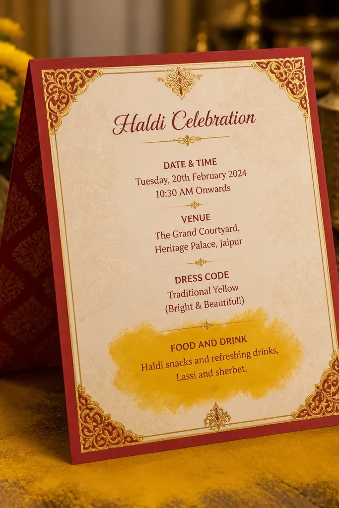 Red and gold invite with haldi color splash and food block wording