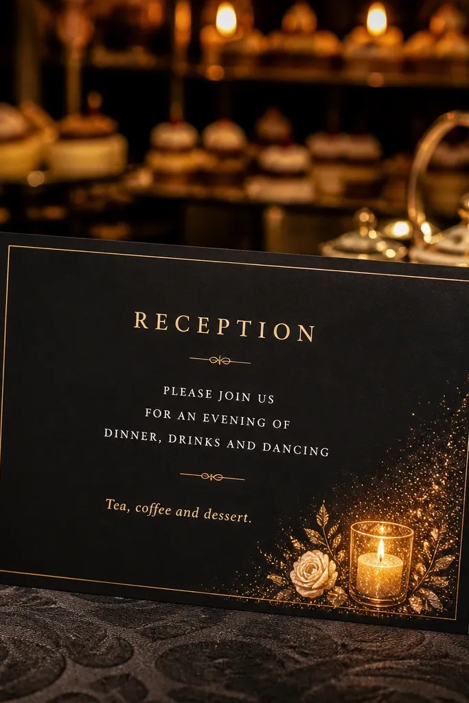 Dark reception invite with a candle icon and tea and dessert corner text
