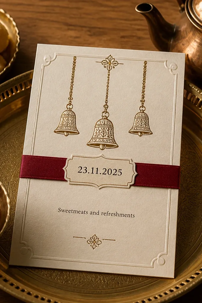 Gold temple bells motif with sweetmeats wording and a date ribbon
