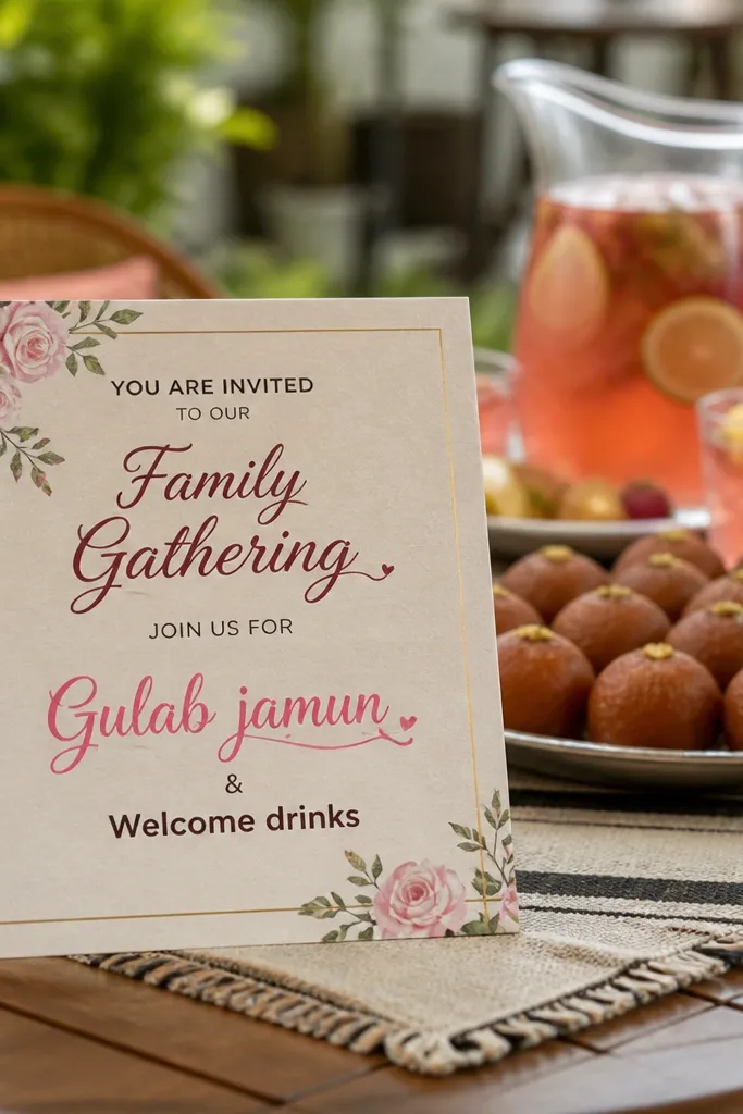 Pink script invite with gulab jamun mention and welcome drinks line