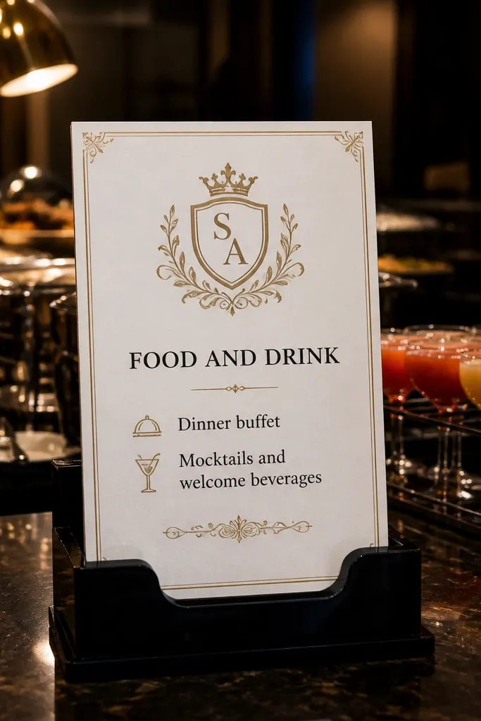 Monogram crest invite with dinner buffet and mocktail header text