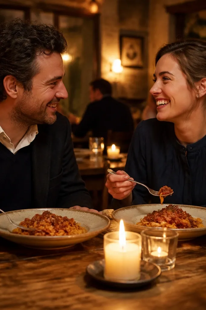 Warm candlelit Italian table with red sauce pasta and dark wine