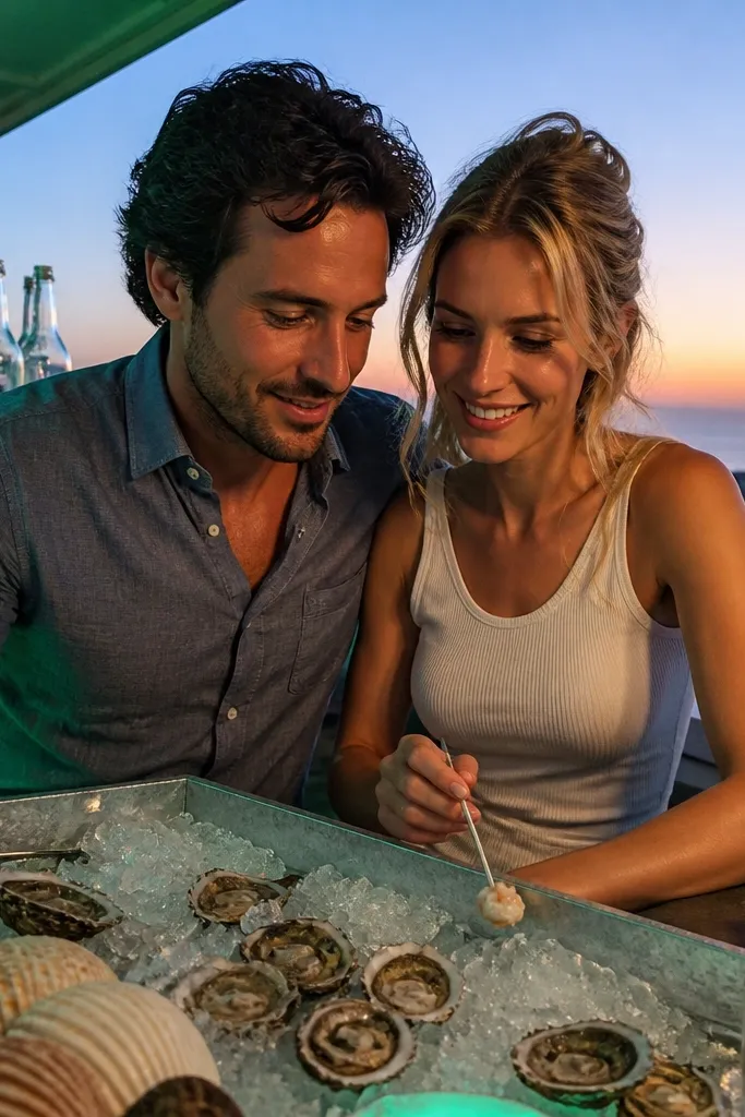 Rooftop oyster bar with oysters on ice and cool-toned drinks