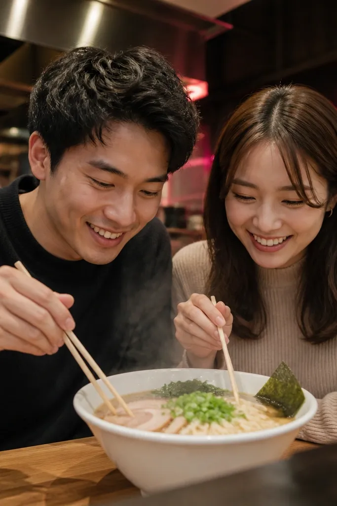 Modern ramen bar with dark walls, neon accent, and steaming bowls