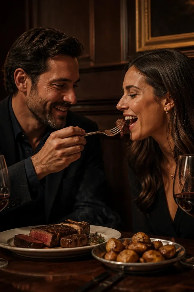 Dark wood steakhouse table with steak plates and red wine in glassware