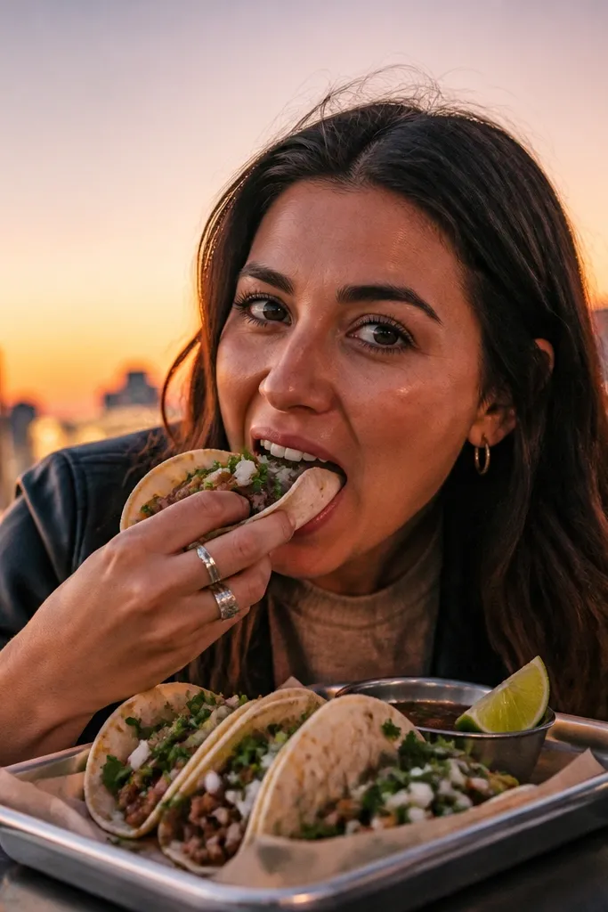 Rooftop taco bar with lime wedges, tacos on metal trays, and sunset light