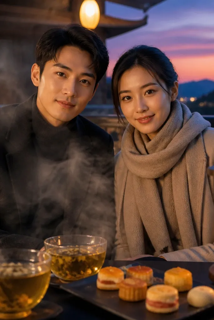 Tea house rooftop with cups, steam rising, and warm sunset glow