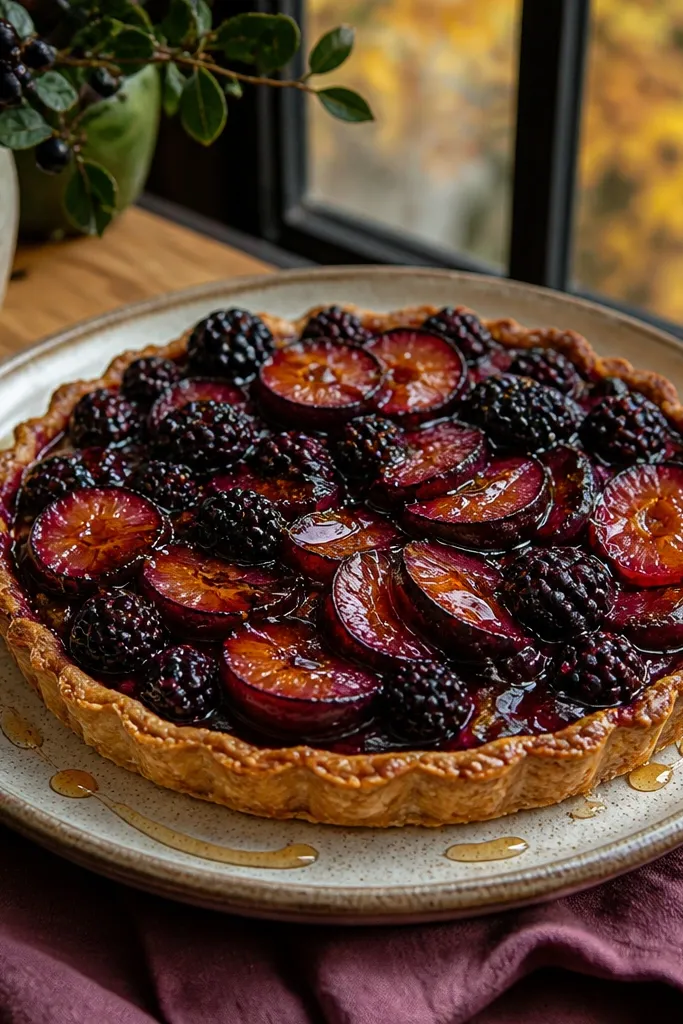 Plum and berry tart with a copper honey drizzle on a fall table