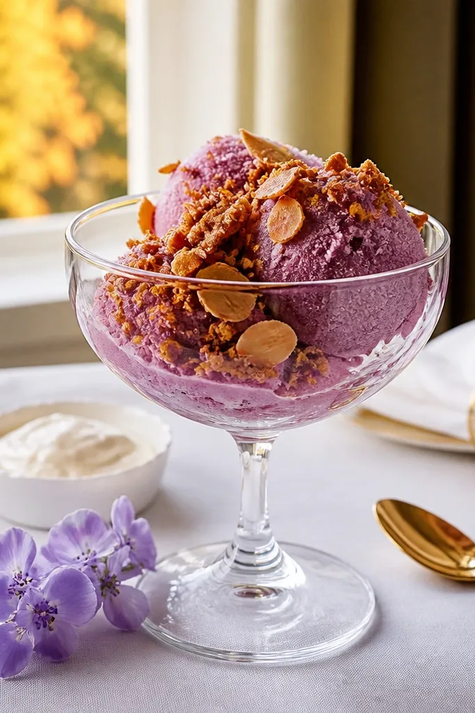Lilac grape sorbet in a glass with toasted almond crumbs