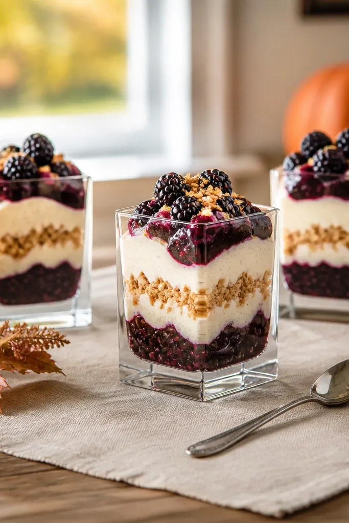 Layered blackberry parfait with vanilla cream in a clear glass