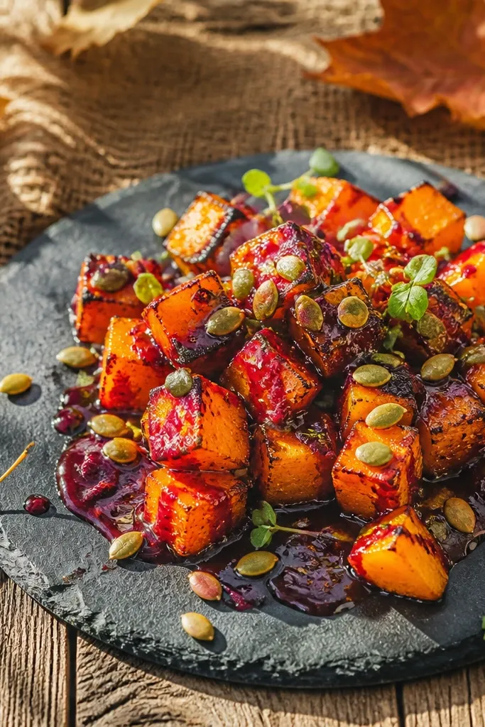 Roasted squash salad with a purple plum vinaigrette and herbs