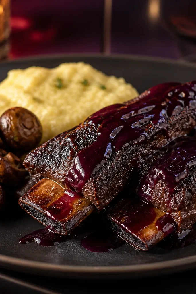 Short ribs with cocoa crust and blackberry sauce on a dark plate