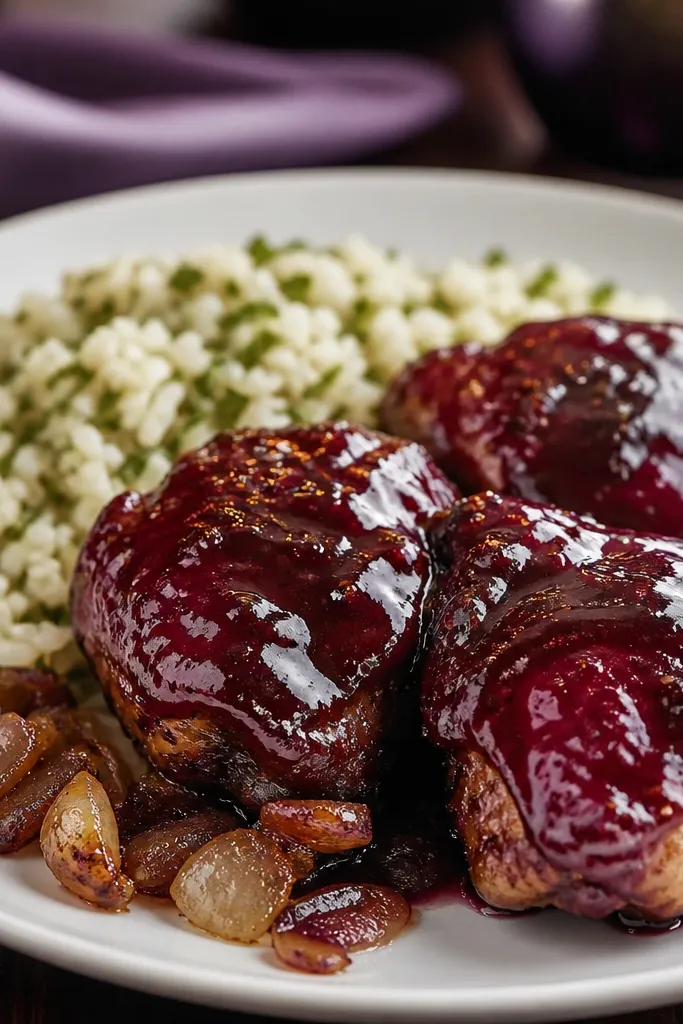 Chicken with plum glaze and green herb rice on a plate