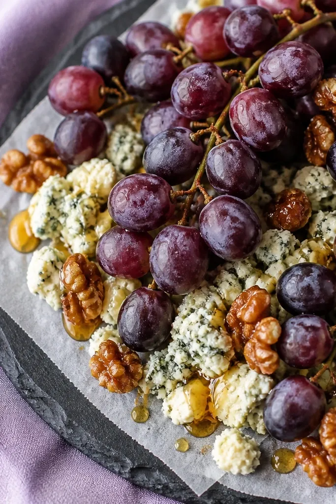 Cheese board with purple grapes, blue cheese, and candied walnuts