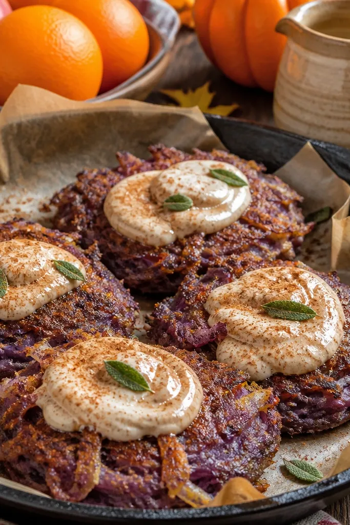 Purple potato latkes with apple cider crema and herbs