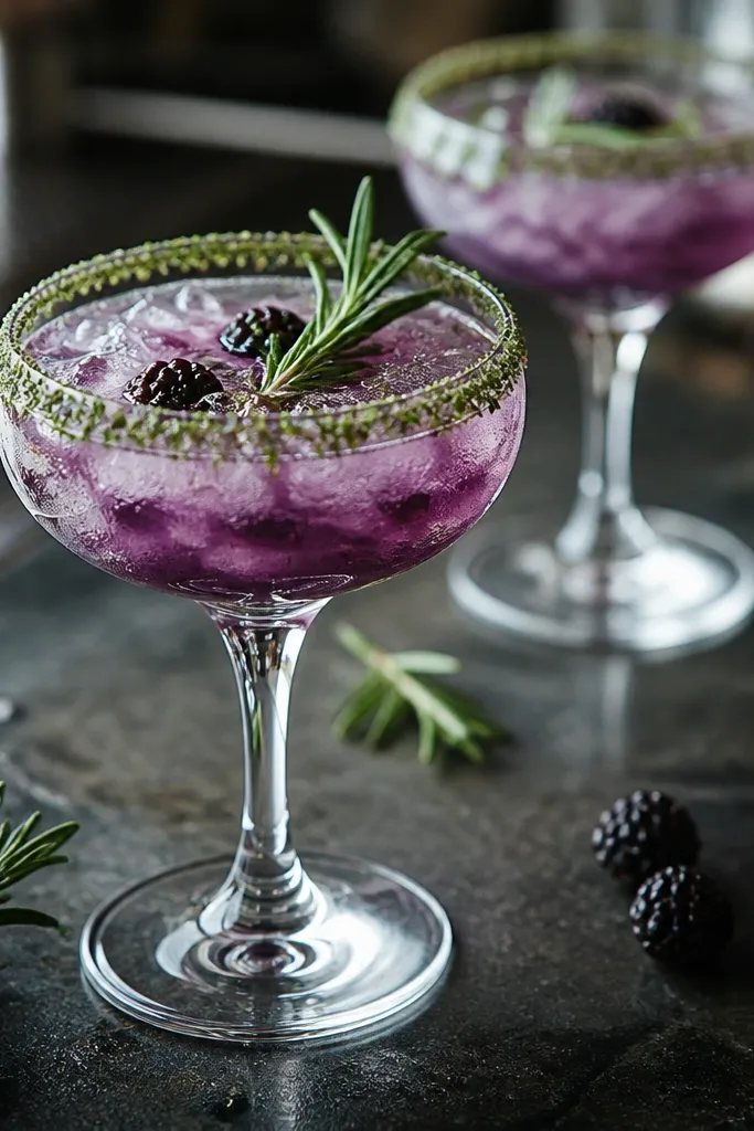 Blackberry spritz drink with rosemary sugar rim in a coupe glass
