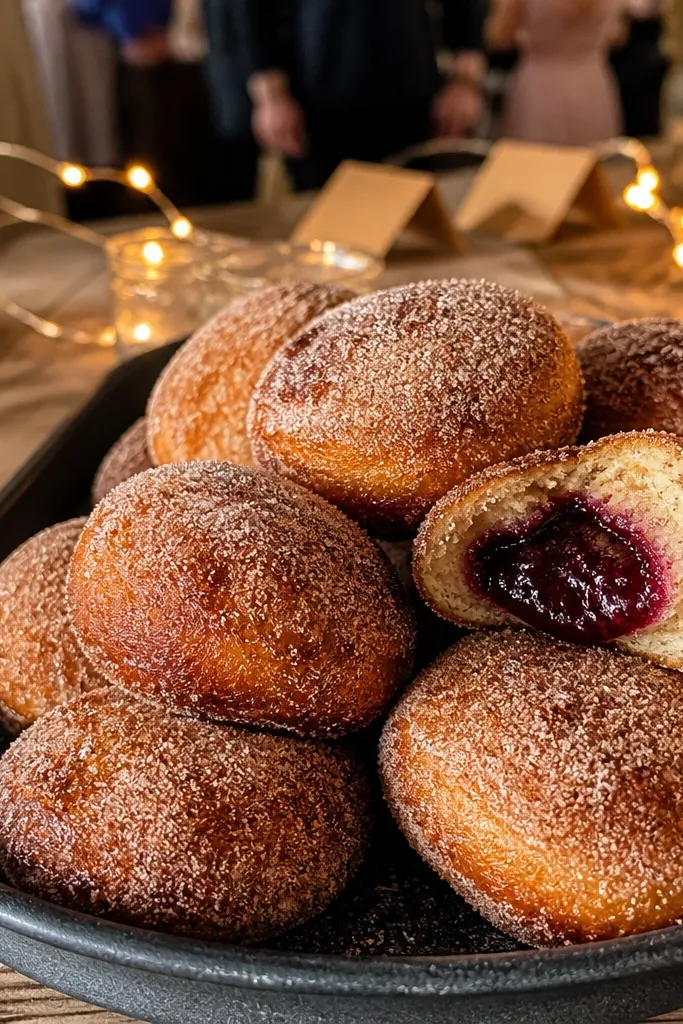 Plum jam-filled donuts with cinnamon sugar dust on a tray