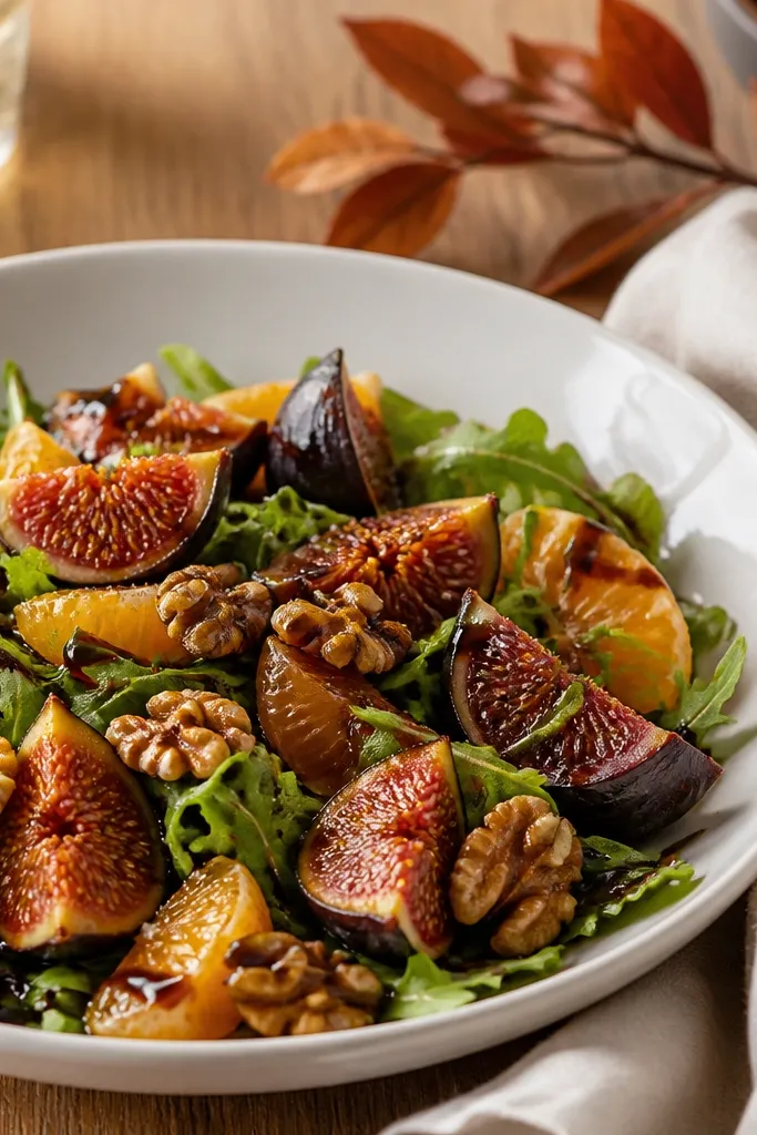 Fig and greens salad with balsamic swirl and toasted nuts