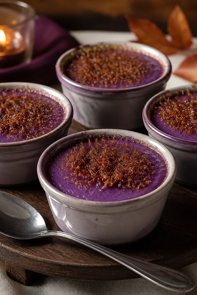 Purple custard cups topped with brown sugar crumble
