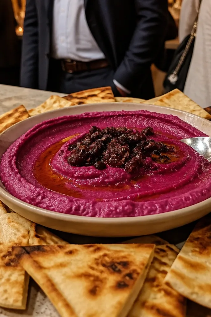 Purple beet hummus bowl with charred pita and olive tapenade