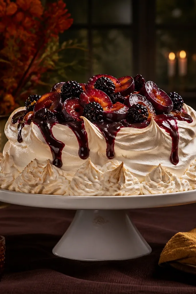 Pavlova meringue with plum-blackberry topping and toasted vanilla cream