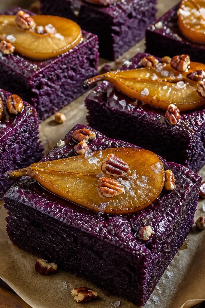 Purple velvet cake squares with caramelized pear slices