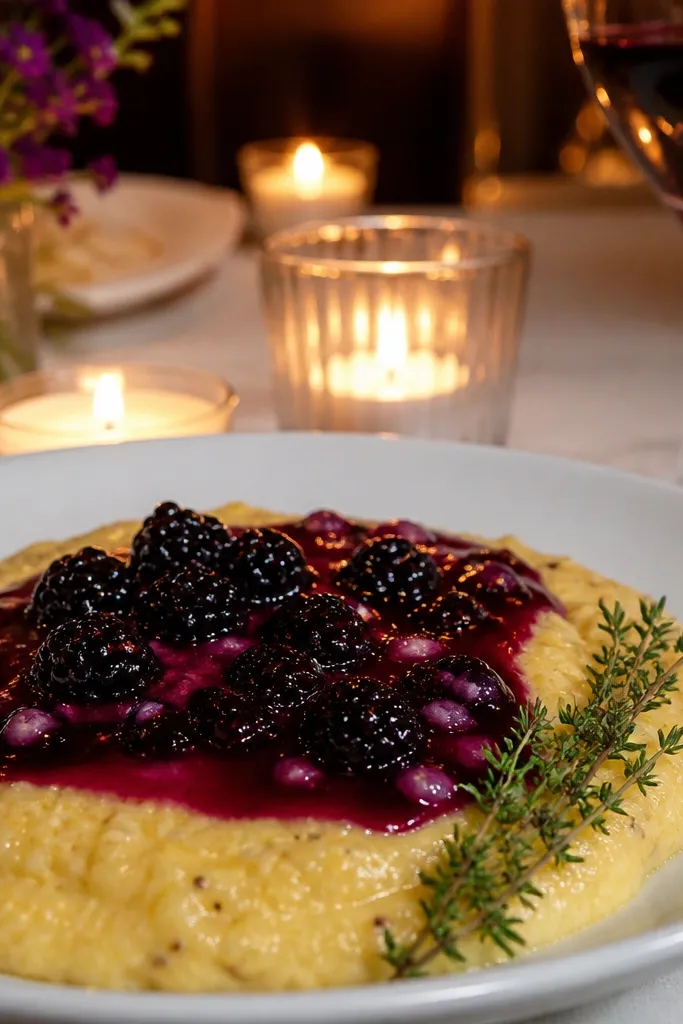 Creamy polenta with blackberry-red wine reduction and herbs