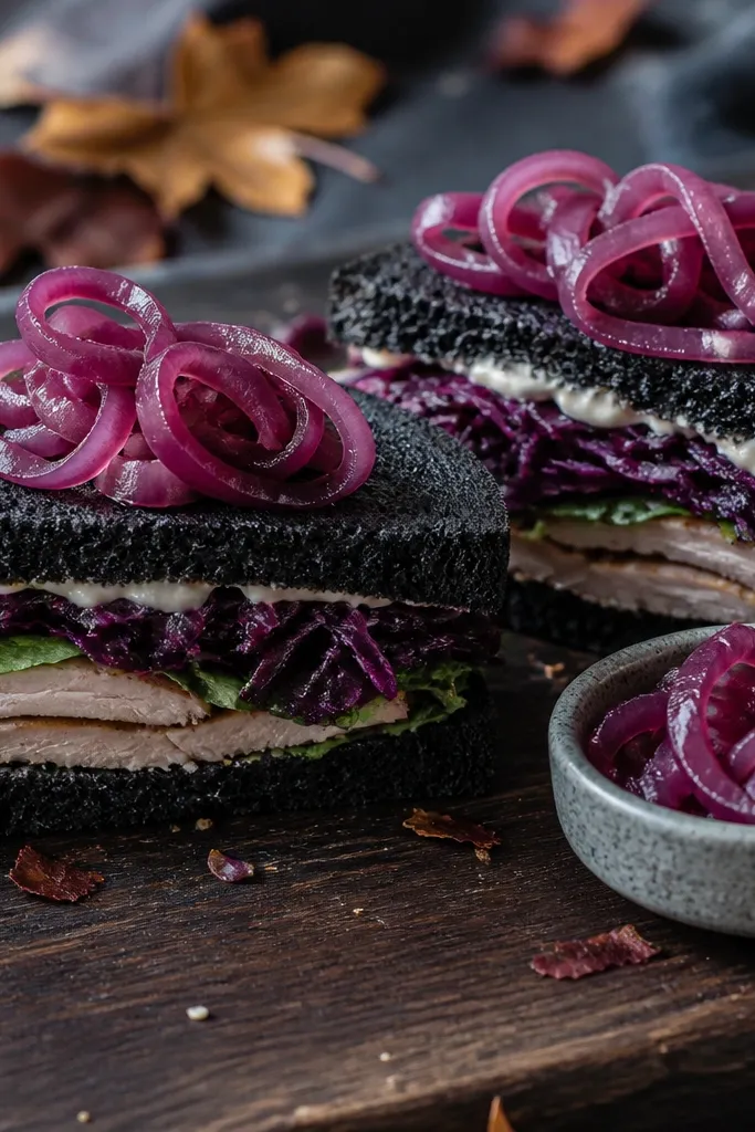 Charcoal bread sandwich with plum pickled onions and greens