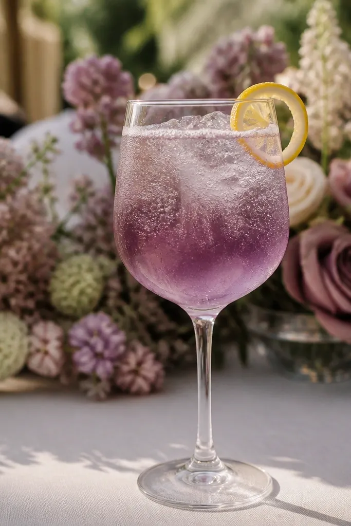 Purple grape elderflower mocktail with a lemon twist in a tall glass
