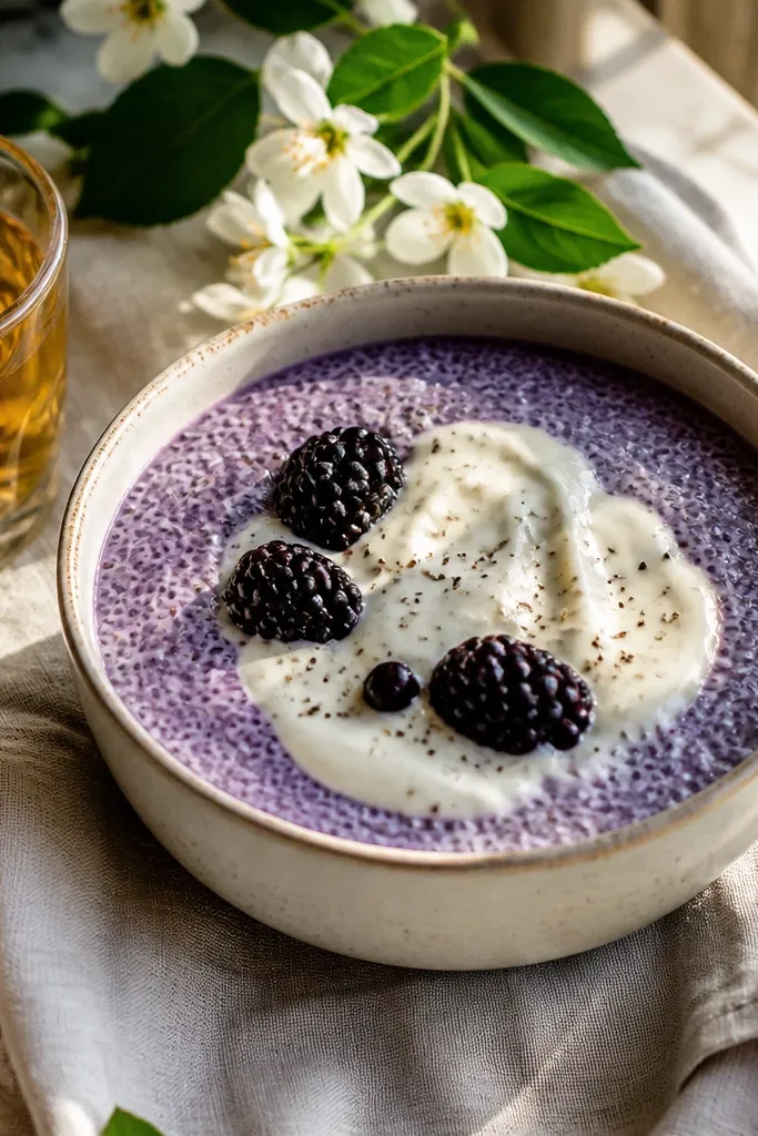 Blackberry chia pudding with vanilla and orange blossom garnish