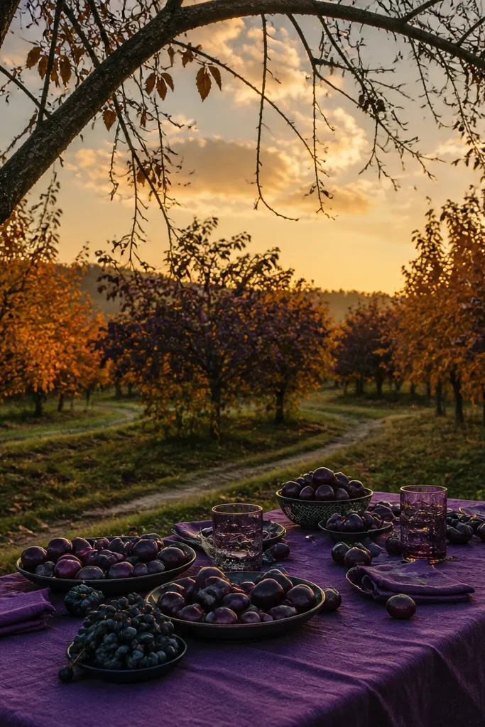 Purple blanket picnic with black cherries and plum drinks on an orchard path