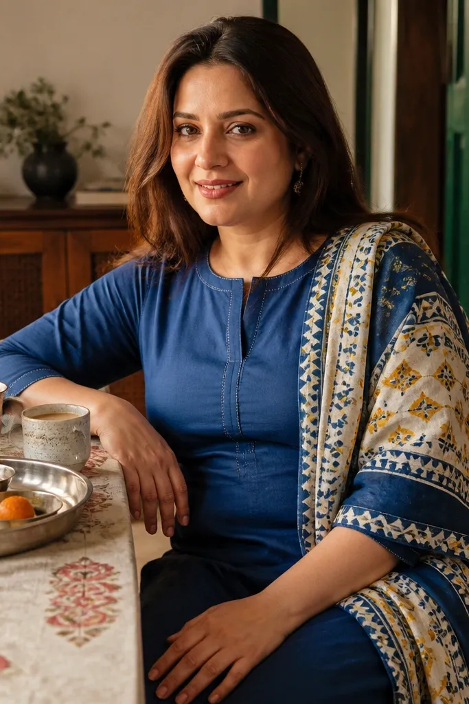 Cobalt straight kurta dress with a colorful printed dupatta