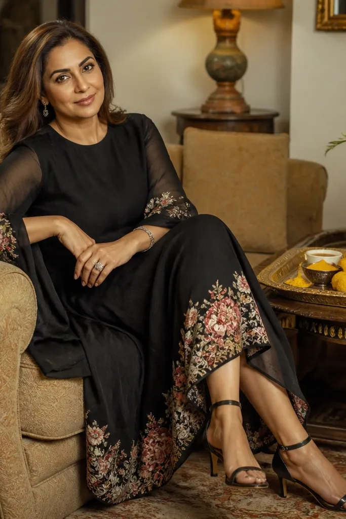 Black georgette midi dress with a floral border on sleeves
