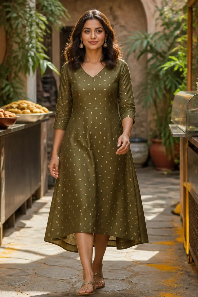Olive green A-line dress with tiny gold dot print