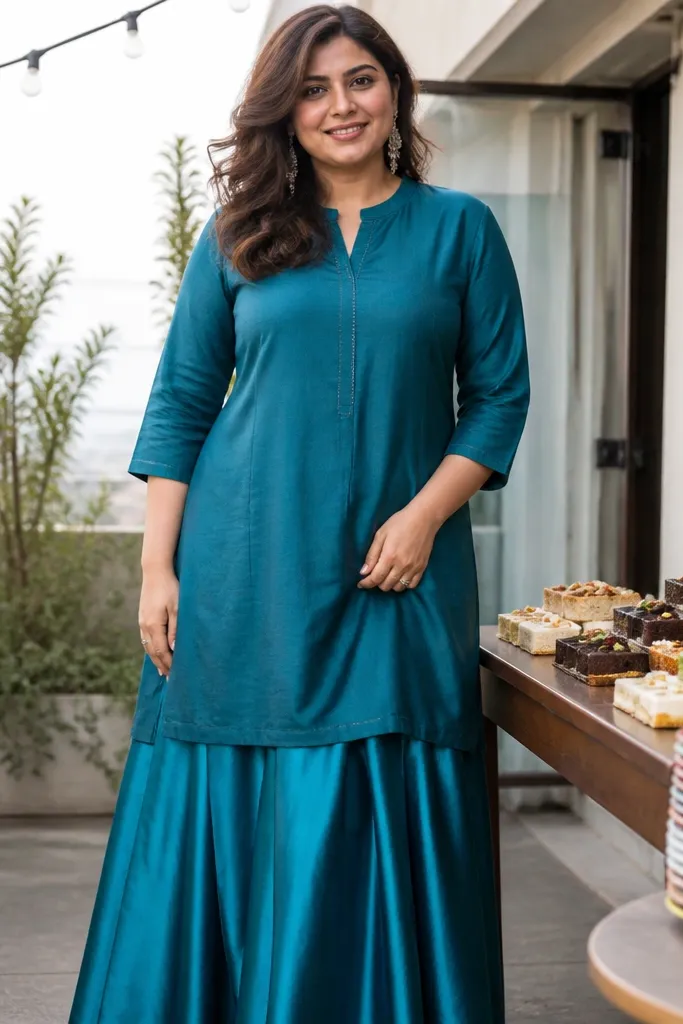 Teal kurti with a satin-look skirt and matching dupatta