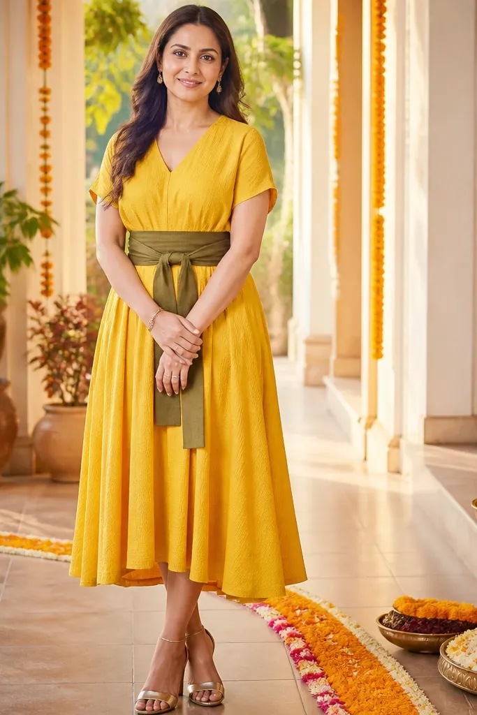 Marigold yellow midi dress with a darker contrast waistband