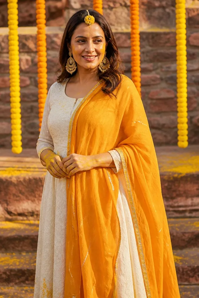 White kurta dress with a colored dupatta draped over one shoulder