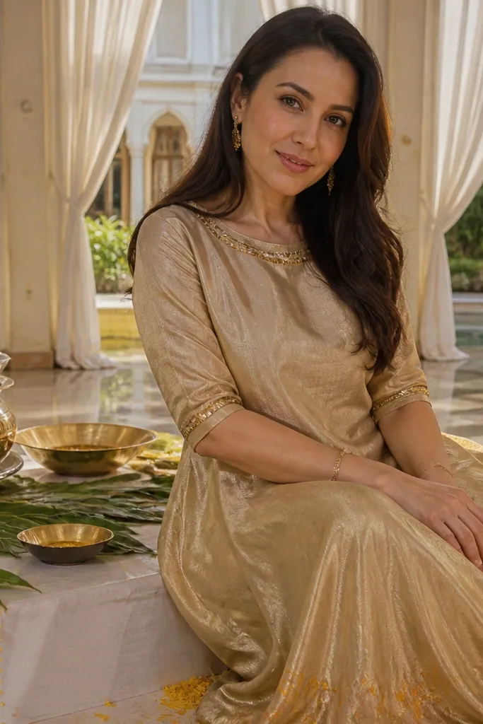 Champagne gold A-line dress with small sequin border at sleeves