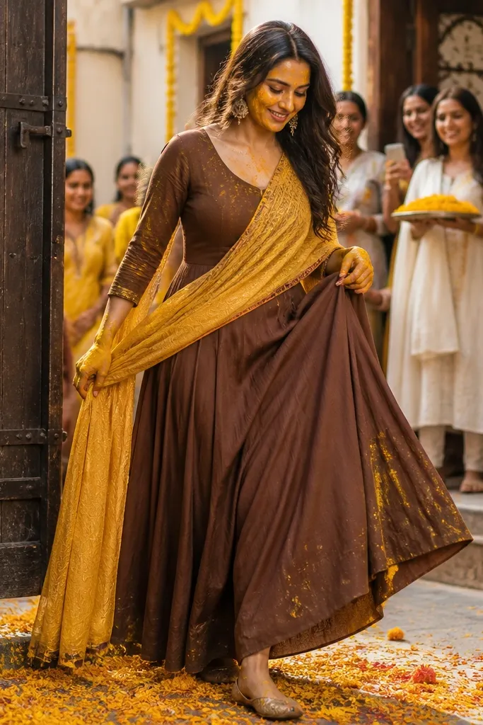 Chocolate brown anarkali with a contrast dupatta in warm beige
