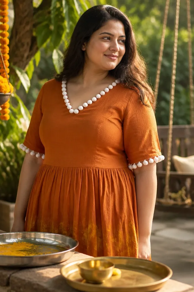 Teak orange cotton dress with white pom-pom trim along the neckline