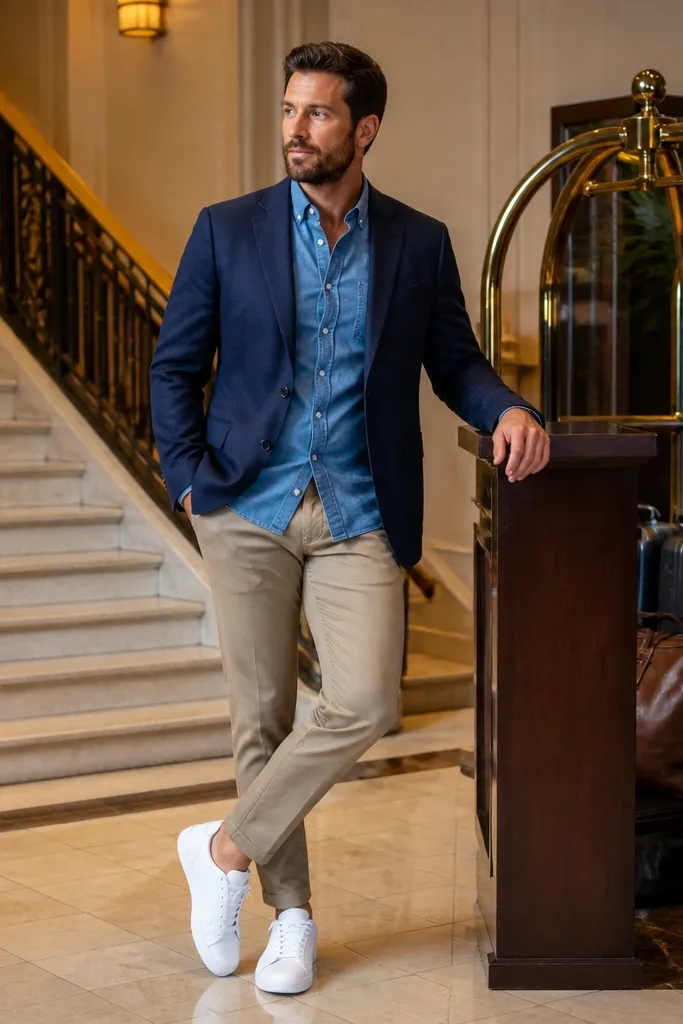 Navy blazer over chambray shirt with tan chinos and white leather sneakers