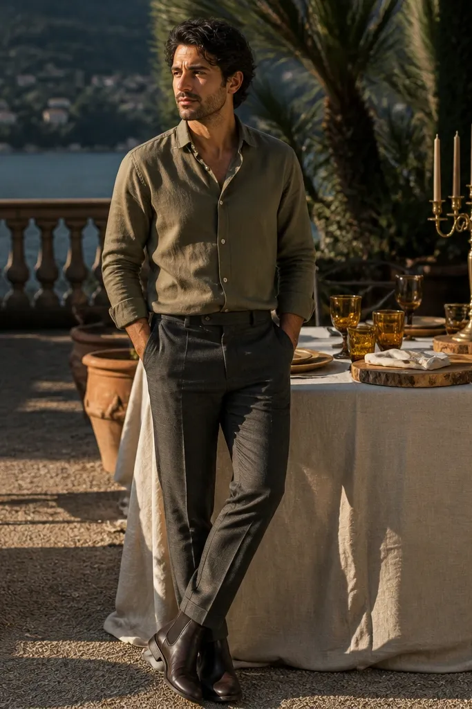Olive linen shirt with charcoal trousers and dark brown Chelsea boots