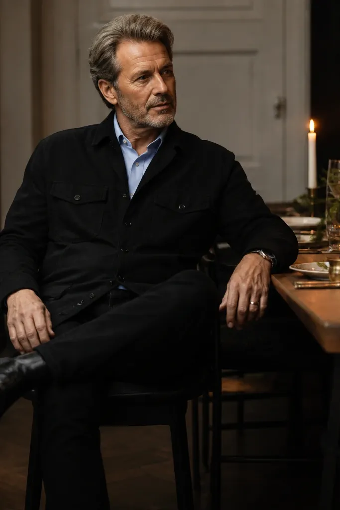 Black overshirt over light blue Oxford shirt with black jeans and black leather boots