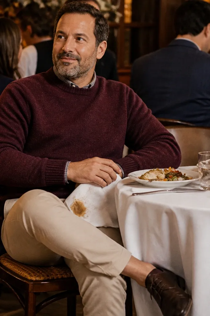 Burgundy knit sweater with cream chinos and dark brown lace-up shoes