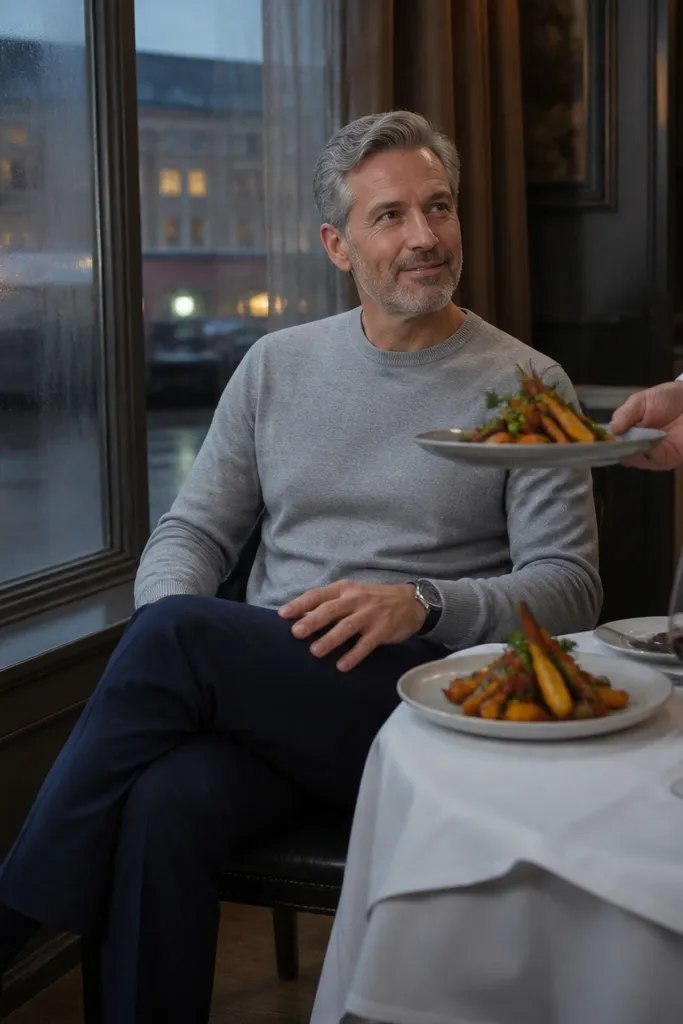 Heather gray merino crewneck with navy trousers and dark brown loafers