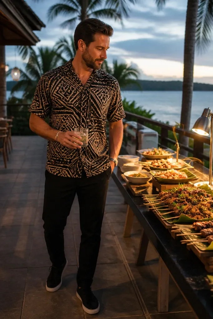 Patterned short-sleeve camp collar shirt with black slim trousers and black sneakers