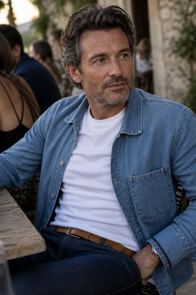 Light blue chambray jacket over white tee with navy jeans and tan belt