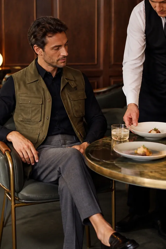 Olive utility vest over black button-down with gray trousers and black loafers
